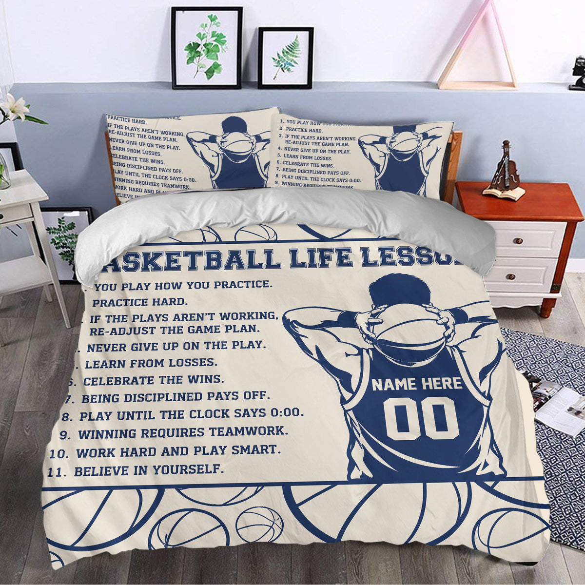 Basketball duvet cover bedding set styled in a bedroom with navy player artwork and motivational sports lettering