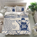 Basketball bedding set displayed in a bright bedroom with basketball outlines, player artwork, and motivational lessons