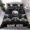 Football duvet cover set displayed on a bed with helmeted player artwork, stadium lights, lightning, and black gold accents