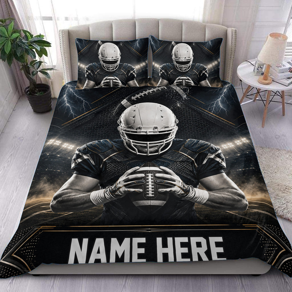Football duvet cover set displayed on a bed with helmeted player artwork, stadium lights, lightning, and black gold accents
