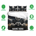 Football bedding set with helmeted player design shown on a bed alongside soft breathable and colorfast feature icons