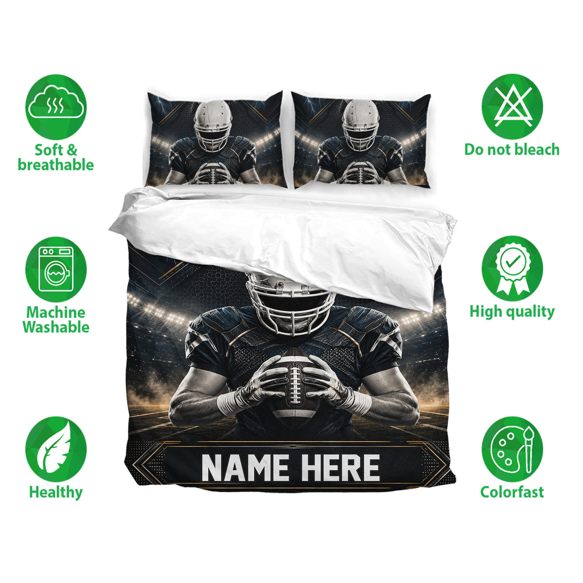 Football bedding set with helmeted player design shown on a bed alongside soft breathable and colorfast feature icons