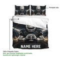 Football duvet cover bedding set showing a helmeted player, printable artwork, and black navy gold stadium-inspired design