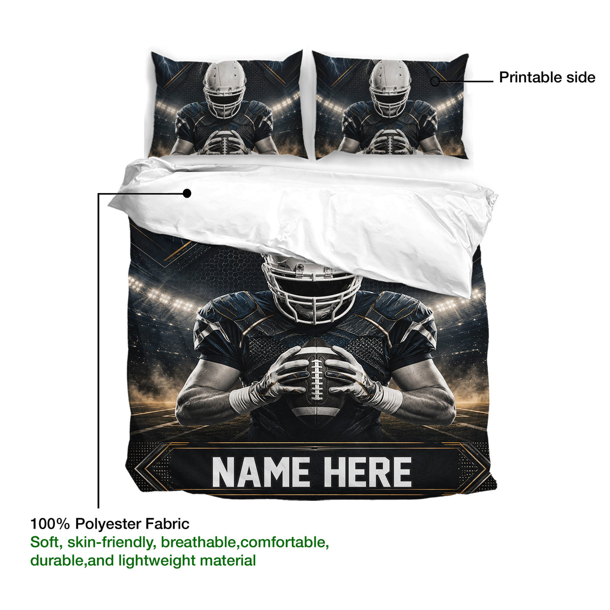 Football duvet cover bedding set showing a helmeted player, printable artwork, and black navy gold stadium-inspired design