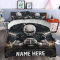 Football duvet cover styled in a bedroom with a helmeted player, stadium lights, lightning, and bold black gold artwork