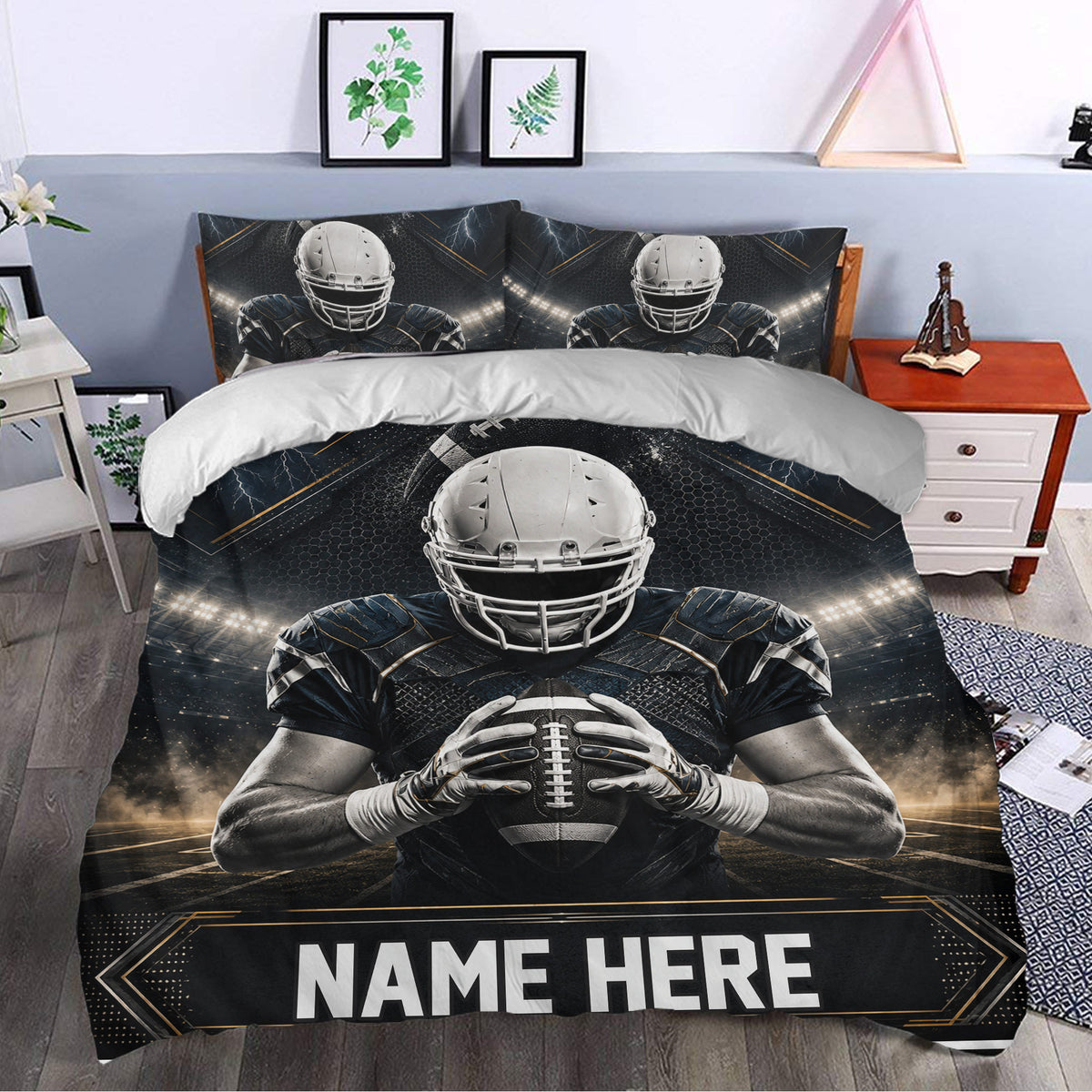 Football duvet cover styled in a bedroom with a helmeted player, stadium lights, lightning, and bold black gold artwork