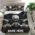 Football bedding set displayed in a bright bedroom with helmeted player artwork, stadium lighting, and dramatic dark tones