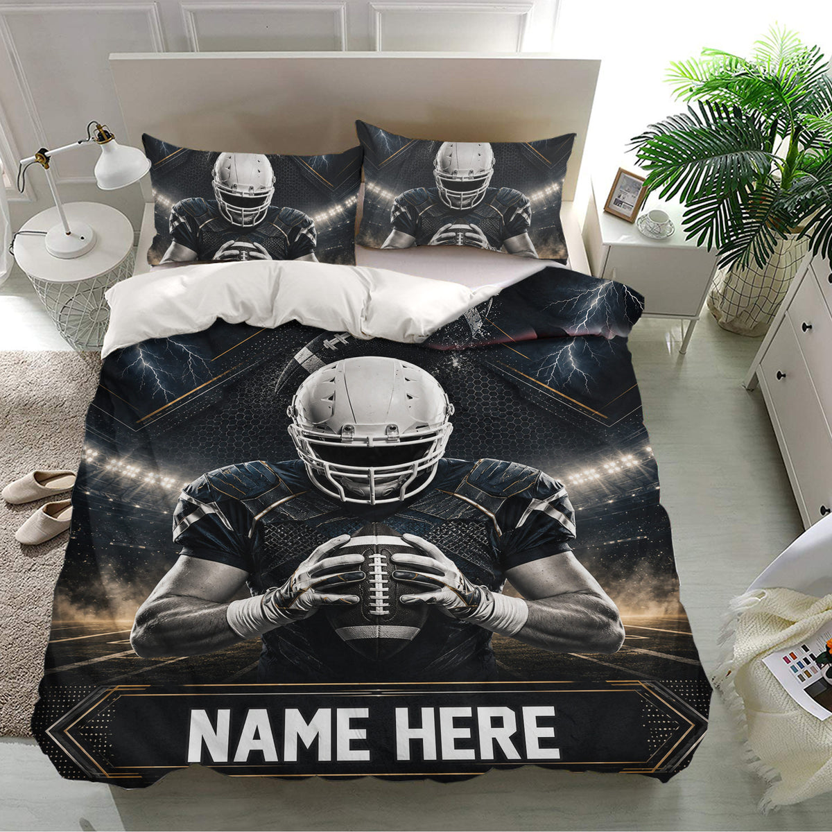 Football bedding set displayed in a bright bedroom with helmeted player artwork, stadium lighting, and dramatic dark tones