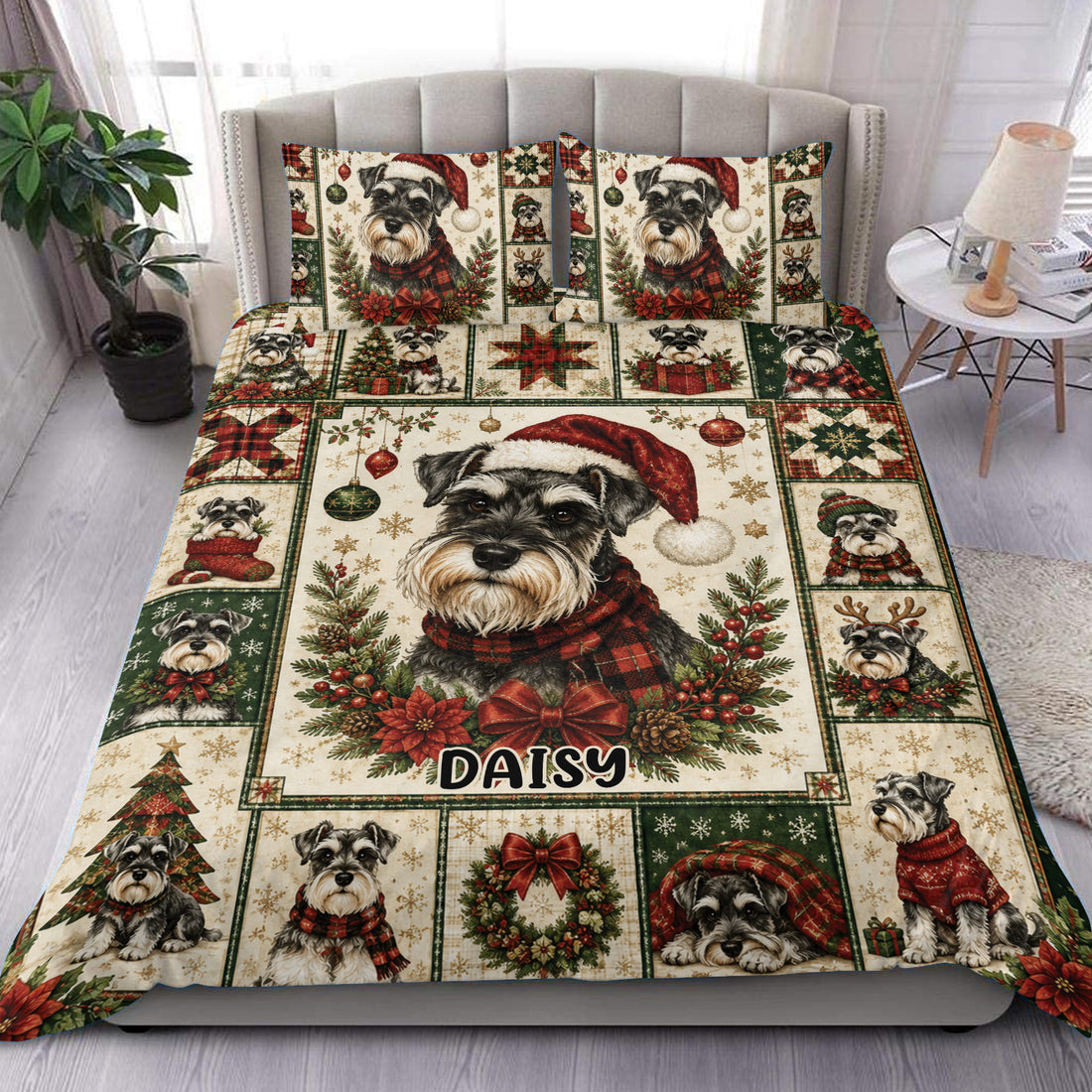 Christmas Miniature Schnauzer duvet cover set displayed on a bed with festive dogs, poinsettias, ornaments, and greenery