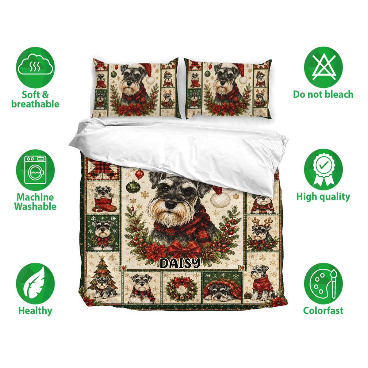 Miniature Schnauzer duvet cover bedding set shown with matching pillowcases and festive holiday artwork