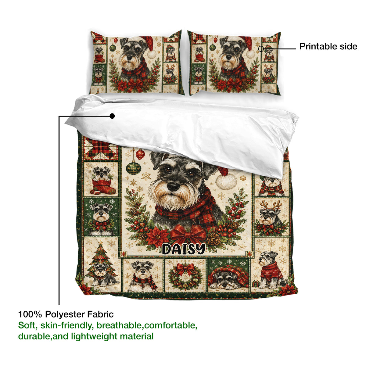 Miniature Schnauzer duvet cover set product guide showing printed artwork and soft polyester fabric details