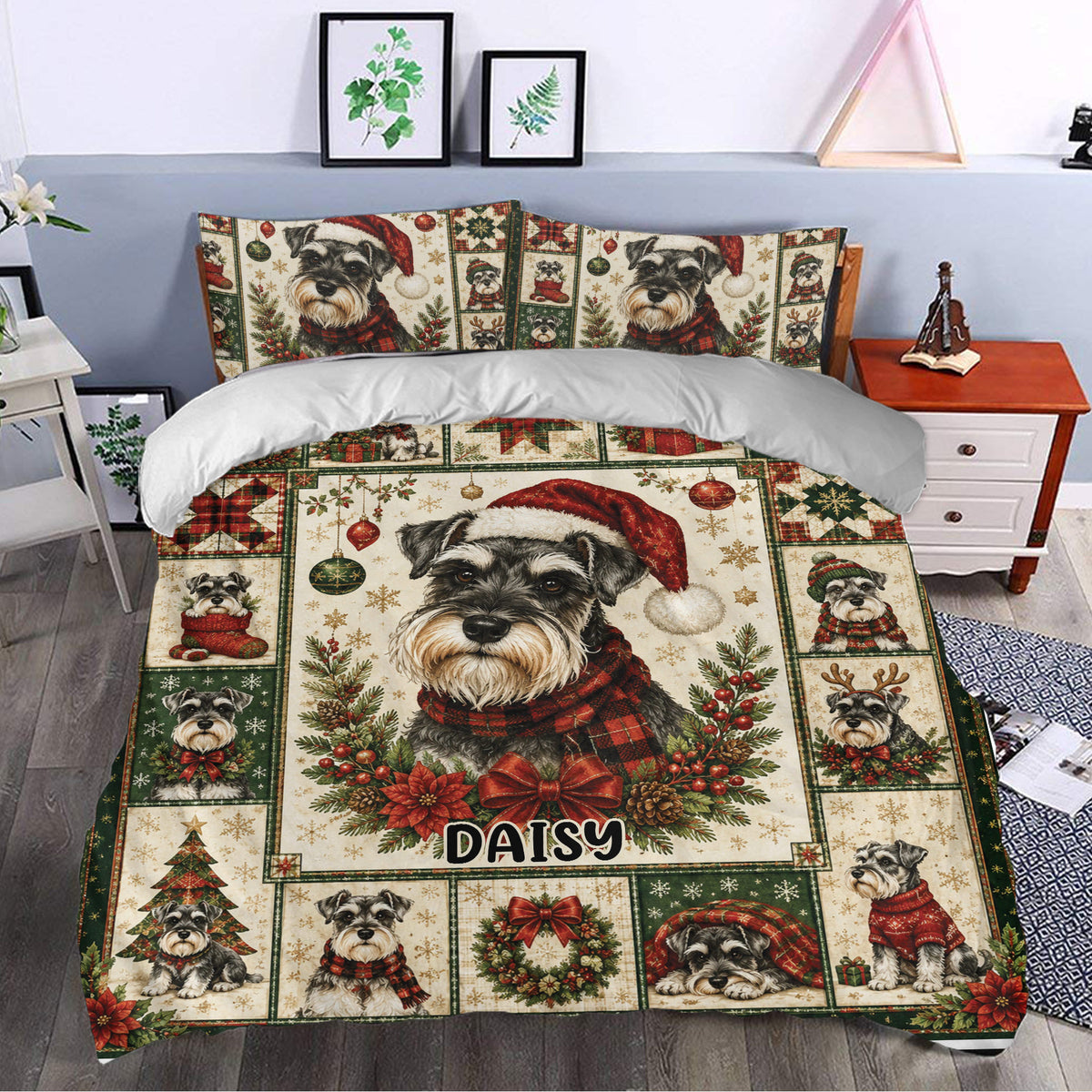 Festive Miniature Schnauzer duvet cover set styled in a bedroom with red, green, and cream Christmas artwork