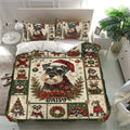 Christmas Miniature Schnauzer bedding set shown in a bright bedroom with matching pillows and holiday dog illustrations