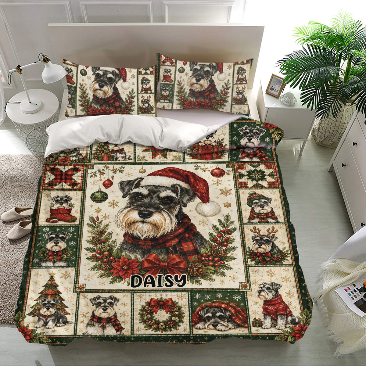 Christmas Miniature Schnauzer bedding set shown in a bright bedroom with matching pillows and holiday dog illustrations