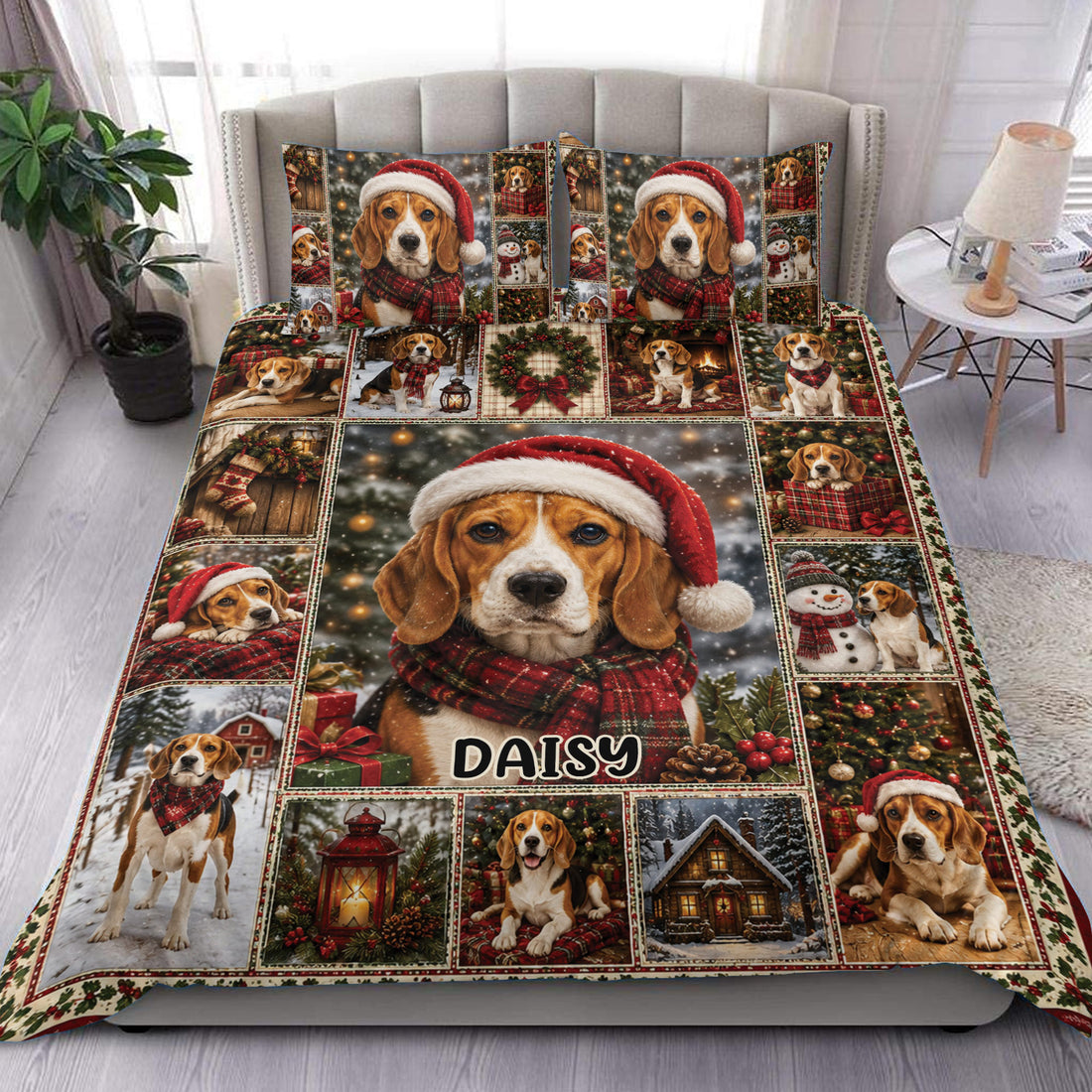 Christmas beagle duvet cover set displayed on a bed with red scarves, Santa hats, gifts, and festive scenes