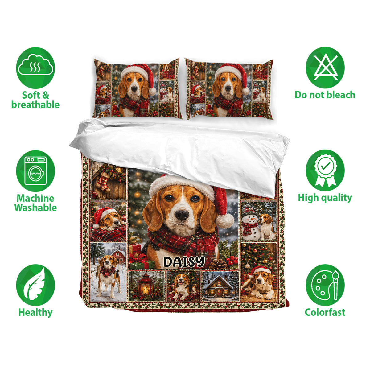 Beagle Christmas duvet cover bedding set with matching pillowcases shown in a soft, breathable bedding presentation