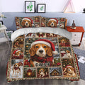 Christmas beagle duvet cover bedding set styled in a cozy bedroom with snowy holiday artwork