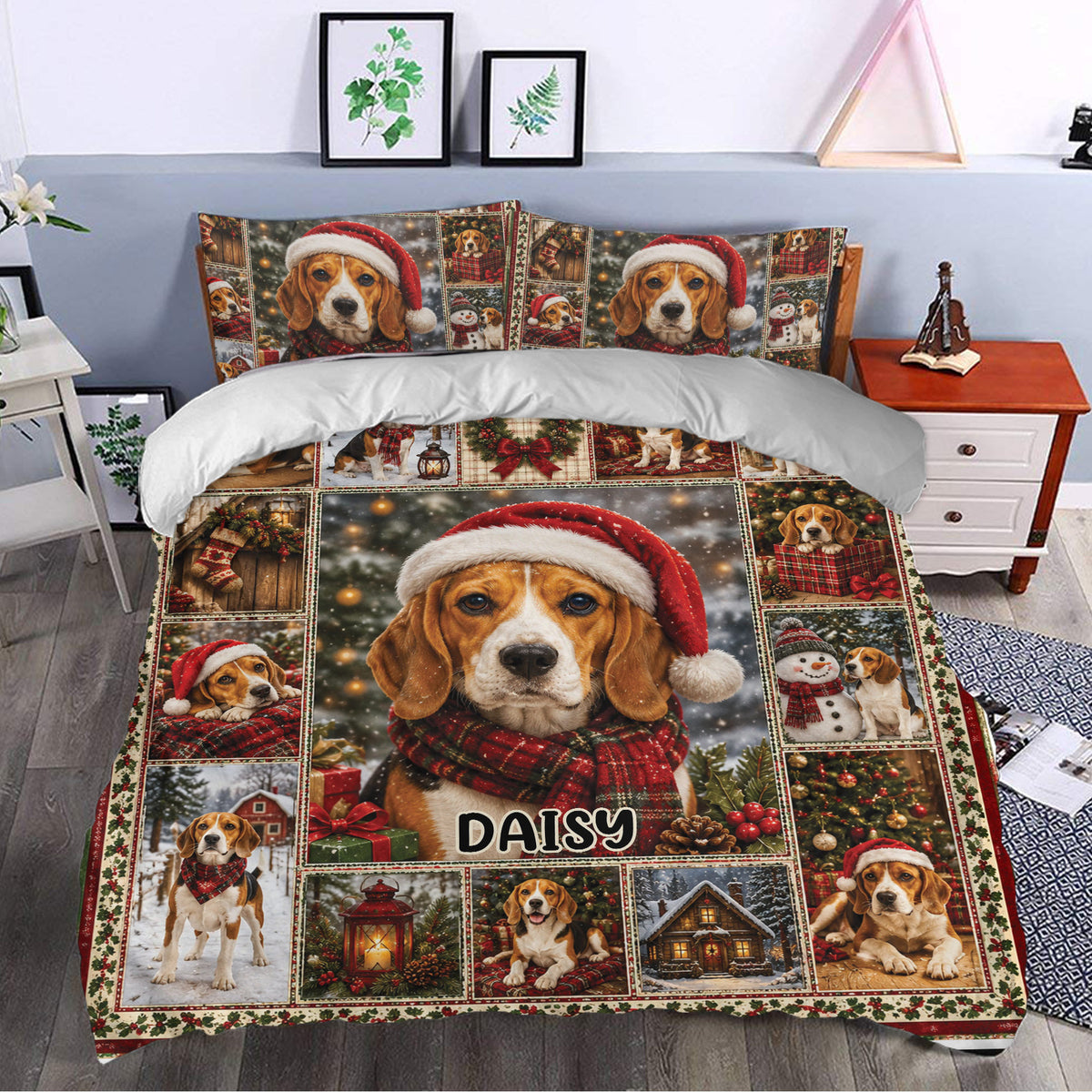 Christmas beagle duvet cover bedding set styled in a cozy bedroom with snowy holiday artwork