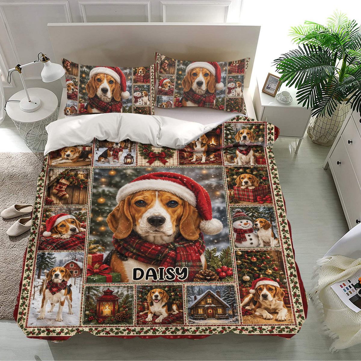 Festive beagle duvet cover set displayed in a bright bedroom with red, green, and Christmas-themed artwork