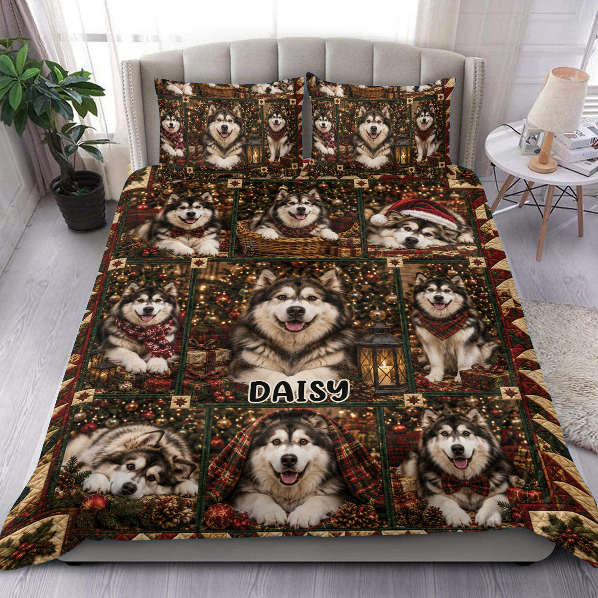 Alaskan Malamute duvet cover set displayed on a bed with festive Christmas scenes and matching pillowcases