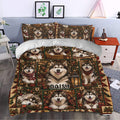 Alaskan Malamute Christmas duvet cover styled in a bedroom with festive dog artwork and matching pillows