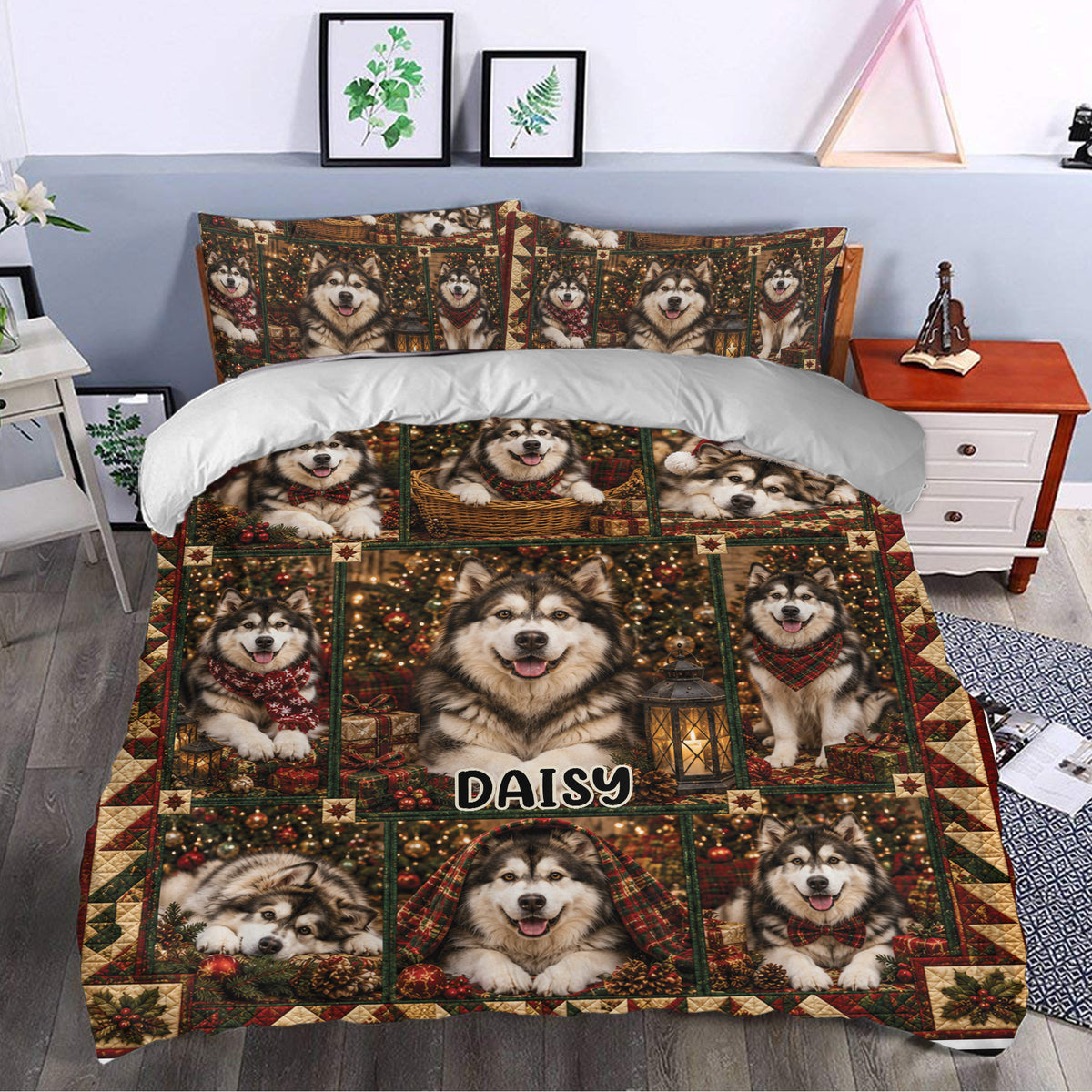 Alaskan Malamute Christmas duvet cover styled in a bedroom with festive dog artwork and matching pillows