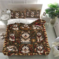 Alaskan Malamute bedding set displayed in a bright bedroom with Christmas dogs, gifts, lanterns and plaid accents