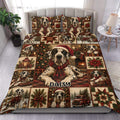Great Dane Christmas duvet cover bedding set displayed on a bed with festive dogs, trees, gifts, and poinsettias