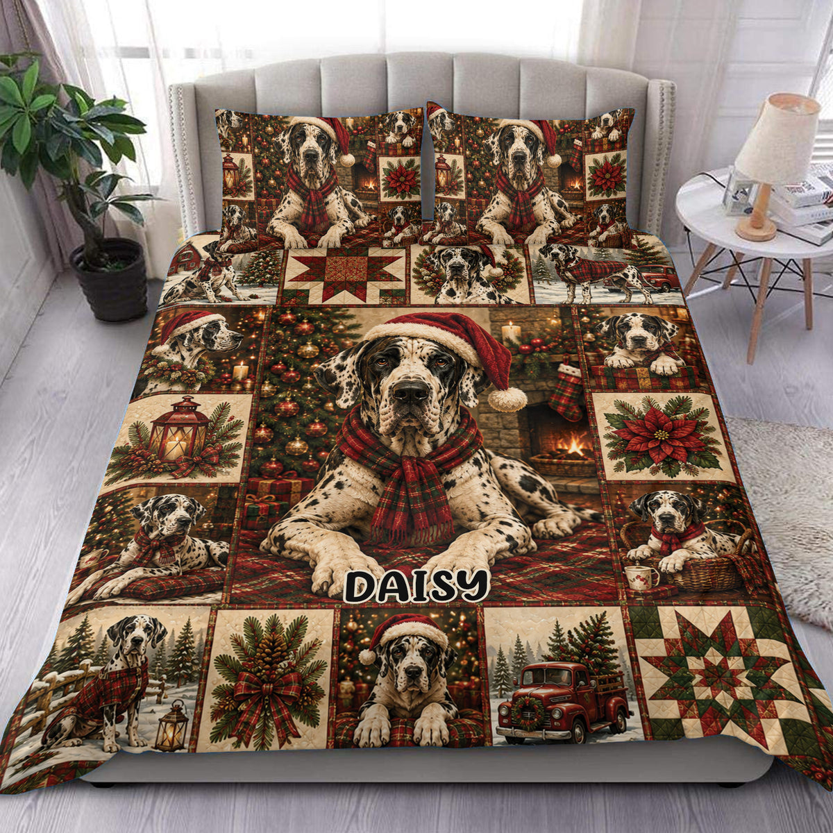 Great Dane Christmas duvet cover bedding set displayed on a bed with festive dogs, trees, gifts, and poinsettias