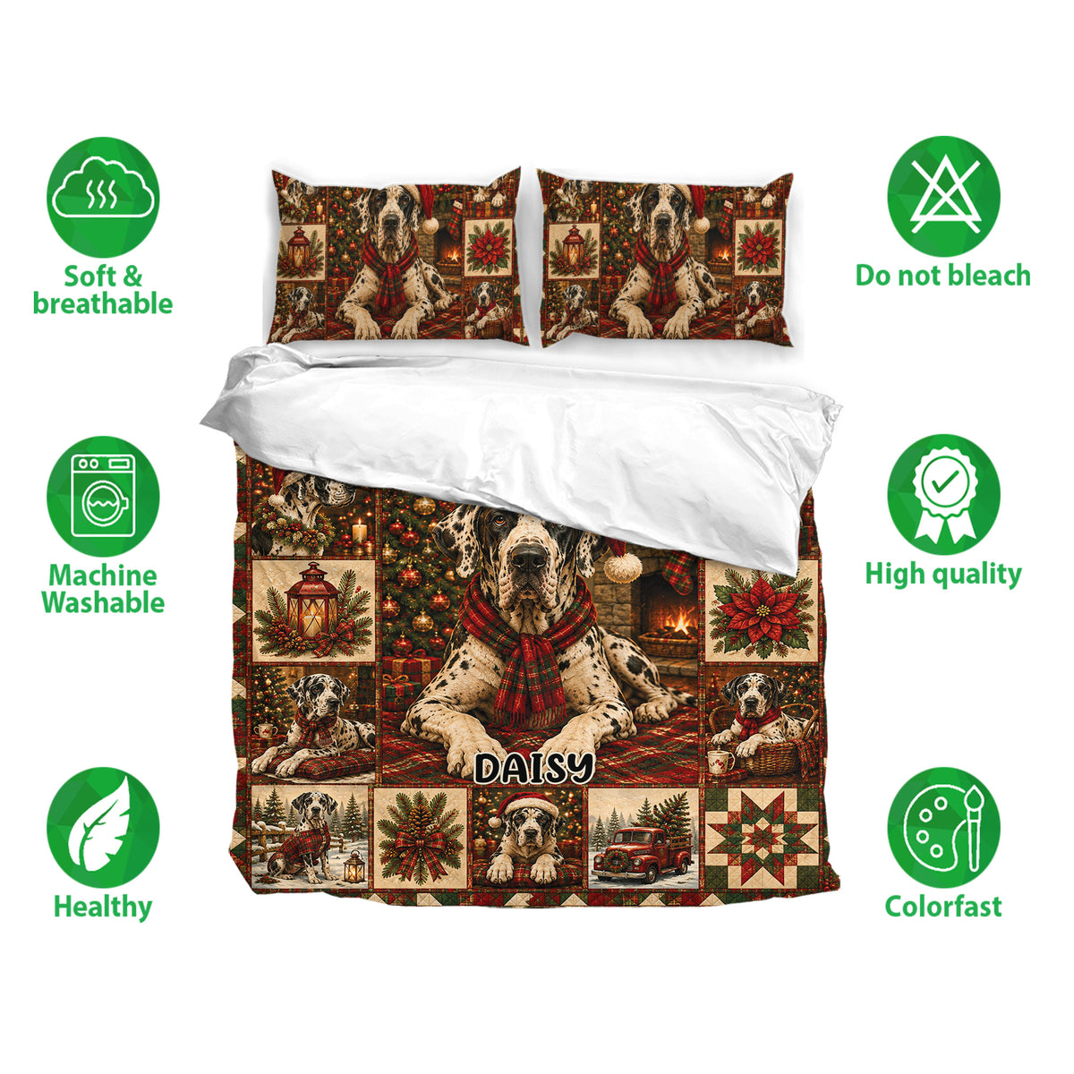 Great Dane Christmas duvet cover set with matching pillowcases, festive artwork, soft breathable fabric, and wash care icons