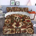 Great Dane Christmas duvet cover styled in a bedroom with Santa hats, plaid scarves, poinsettias, and holiday scenes