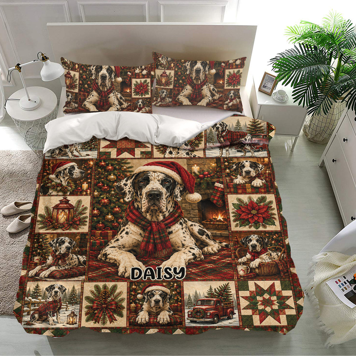 Great Dane holiday duvet cover bedding set displayed in a bright bedroom with matching pillowcases and Christmas artwork