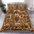 Festive Bloodhound duvet cover set displayed on a bed with Christmas trees, gifts, scarves, and warm decor