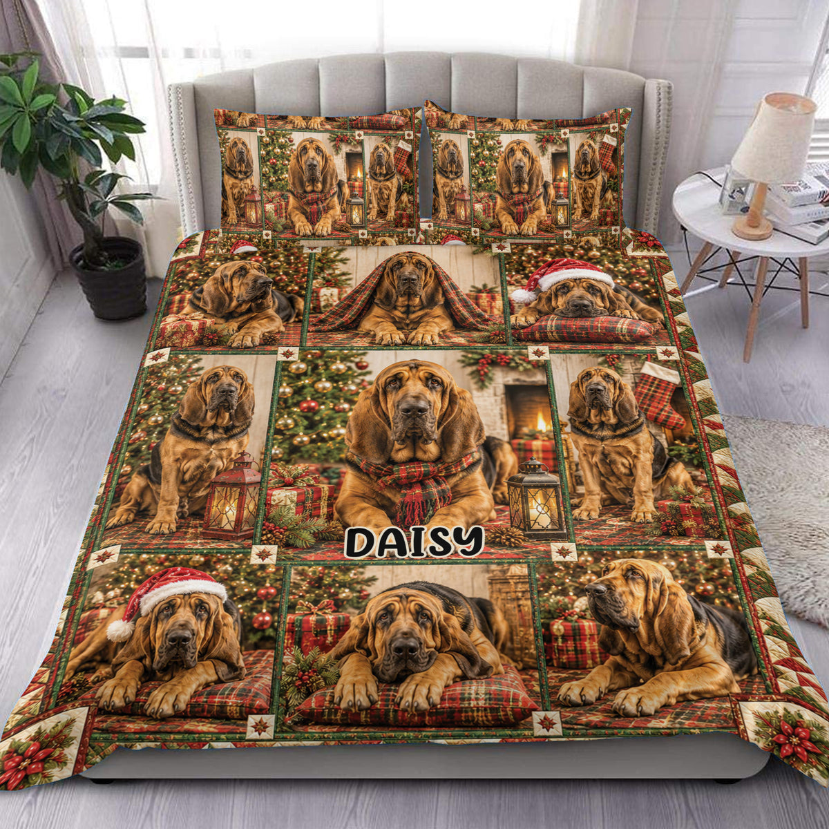 Festive Bloodhound duvet cover set displayed on a bed with Christmas trees, gifts, scarves, and warm decor