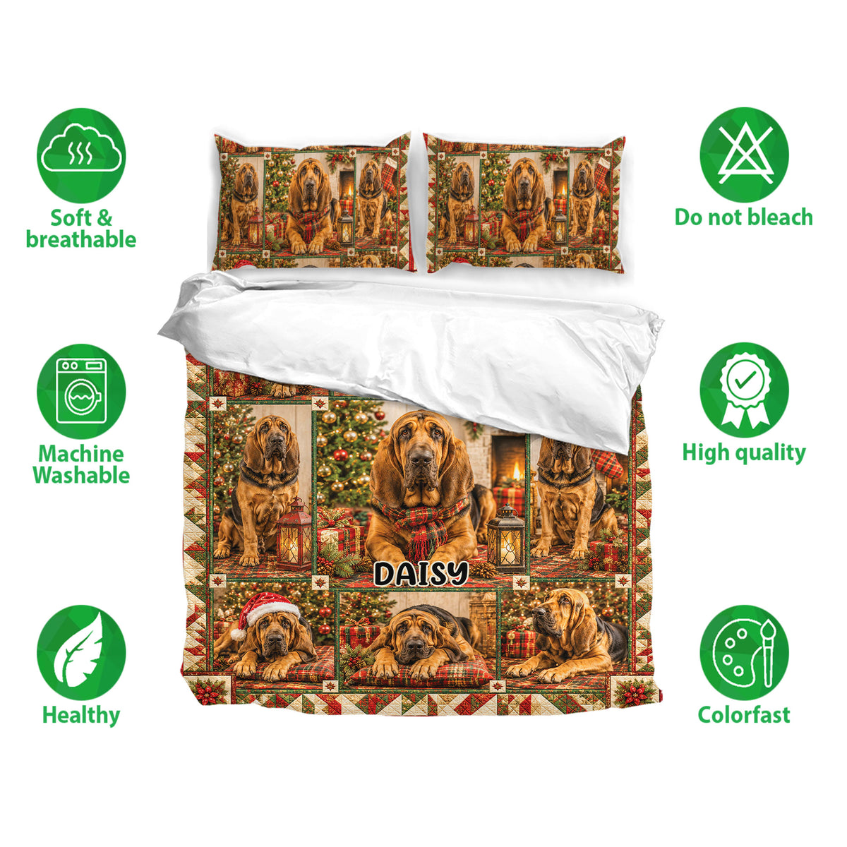 Bloodhound Christmas duvet cover and pillowcases shown with soft breathable fabric and care feature icons