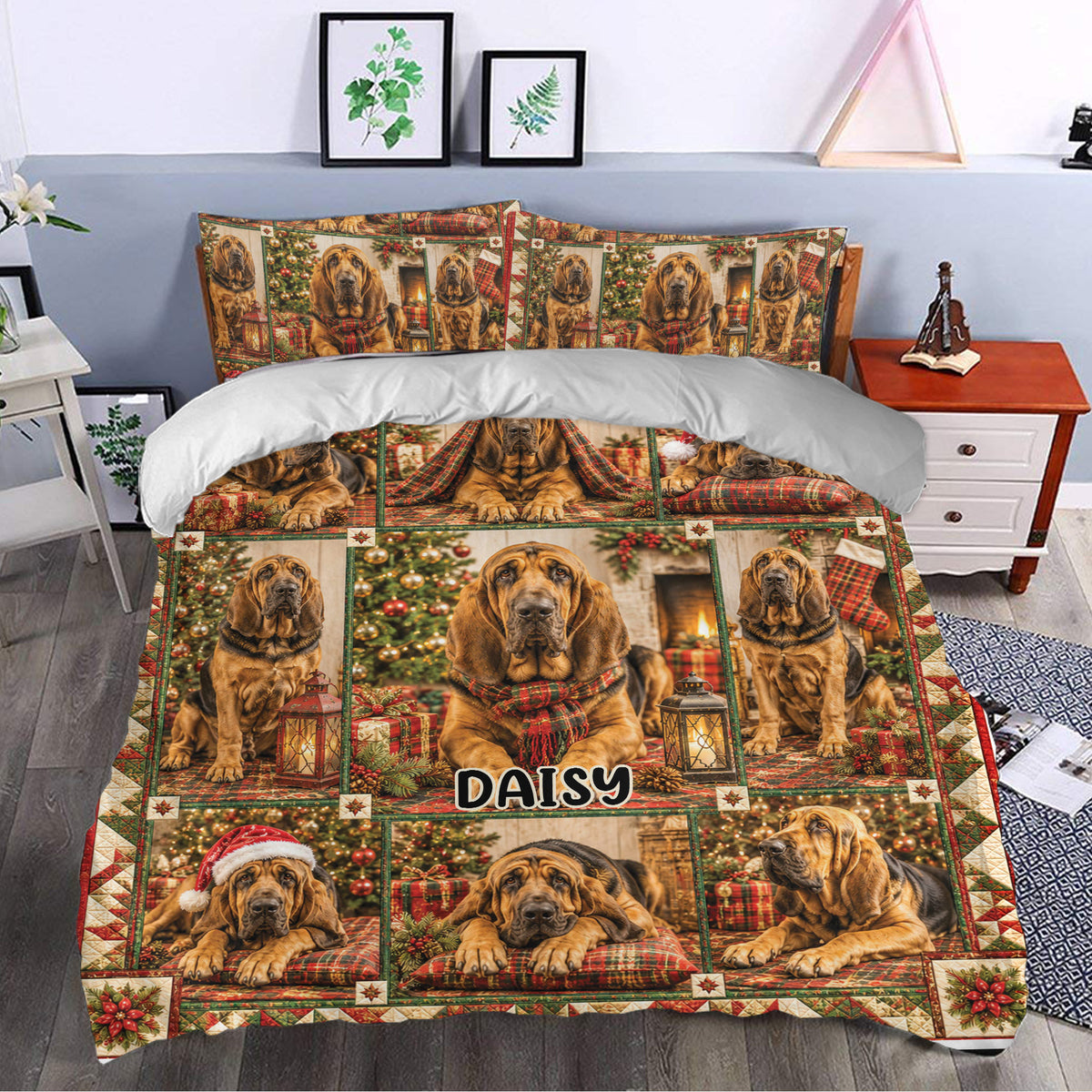 Christmas Bloodhound duvet cover set styled in a bedroom with matching pillowcases and seasonal artwork