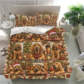 Festive Bloodhound bedding set displayed in a bright bedroom with plaid accents, gifts, and Christmas decor