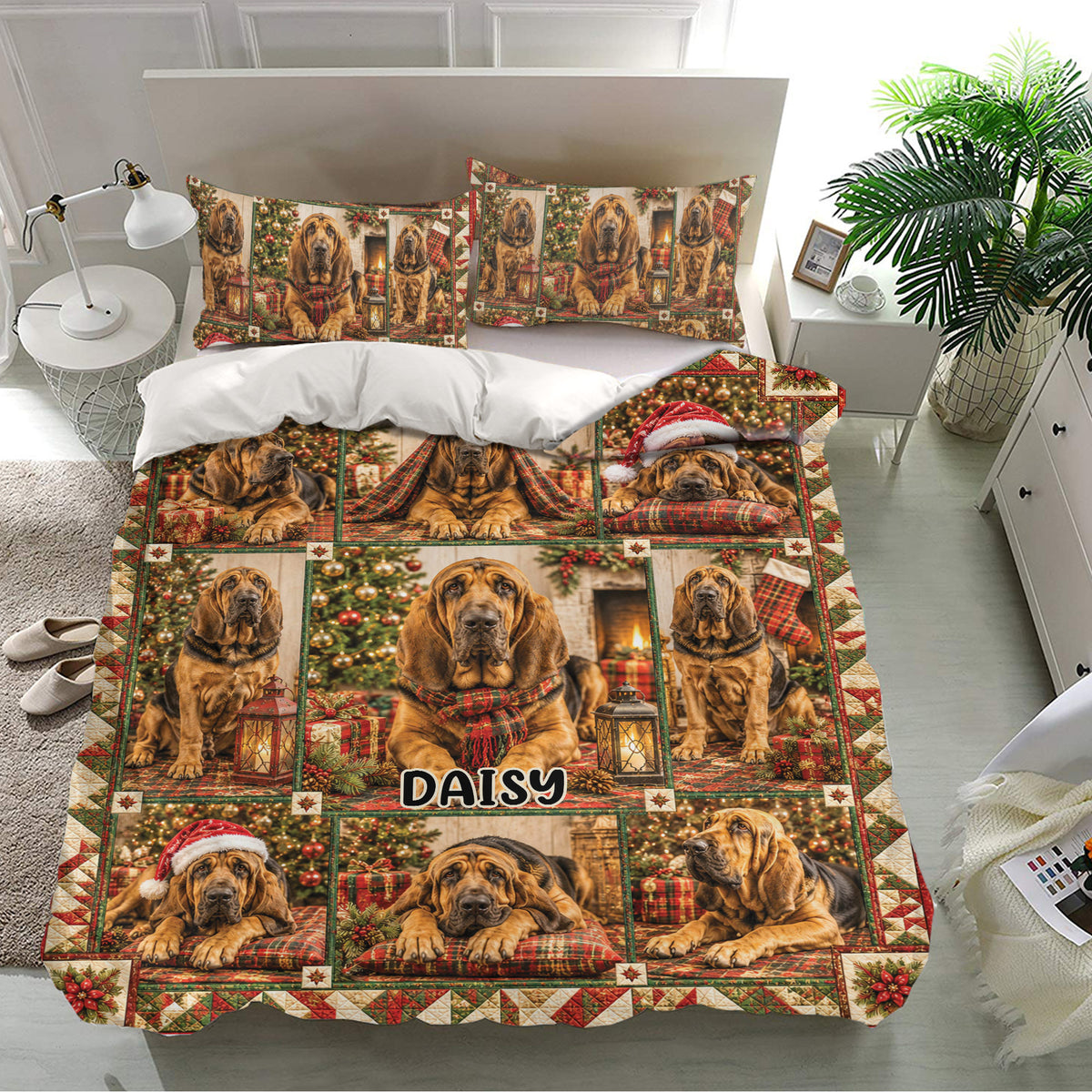 Festive Bloodhound bedding set displayed in a bright bedroom with plaid accents, gifts, and Christmas decor