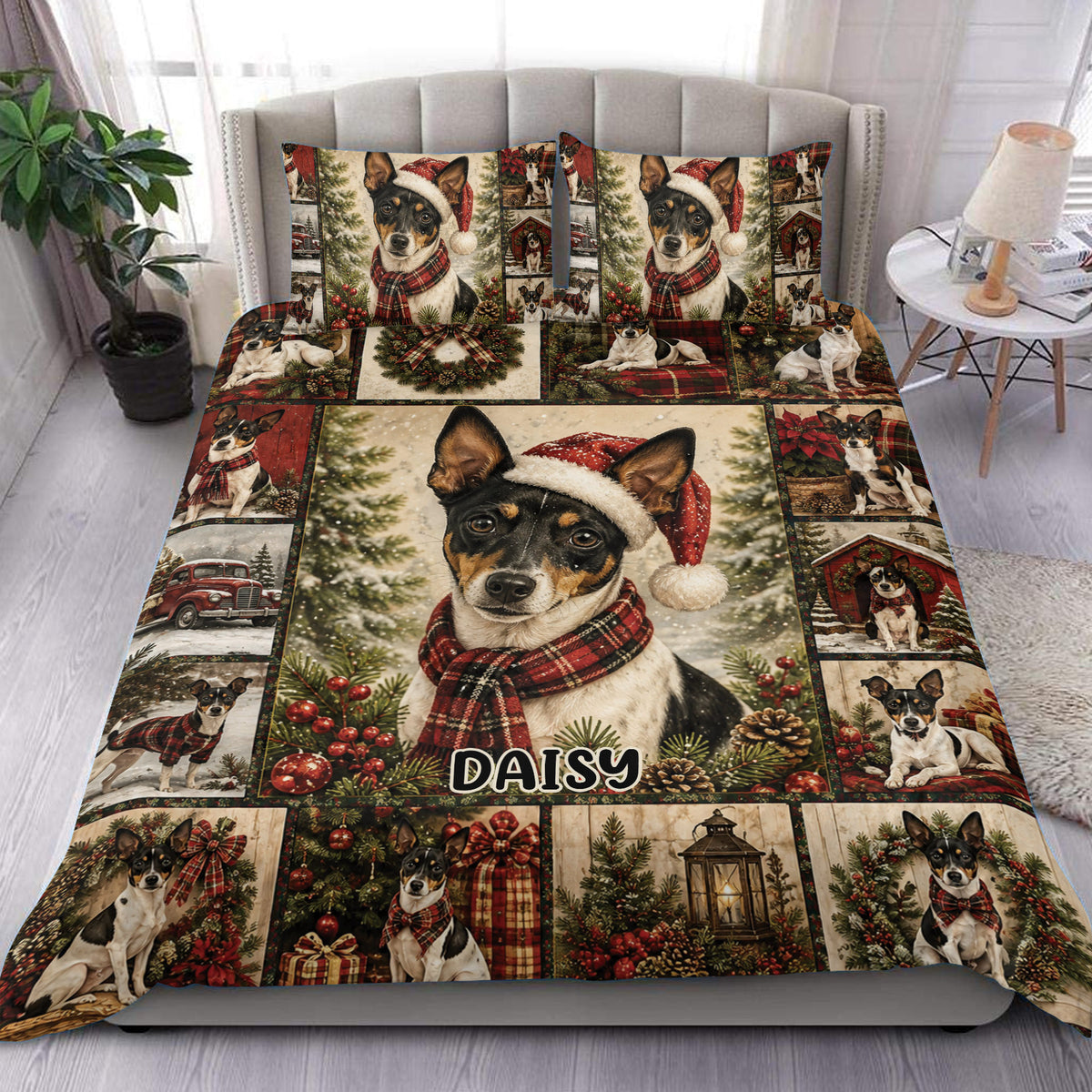 Rat Terrier Christmas duvet cover set displayed on a bed with Santa hats, scarves, wreaths, and festive woodland scenes