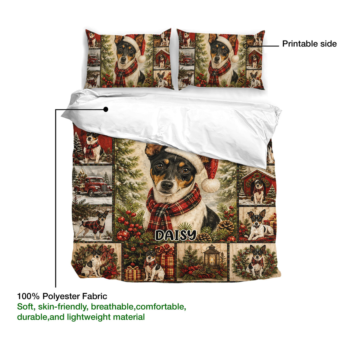 Rat Terrier duvet cover set detail showing printable artwork, soft fabric callout, and holiday dog design