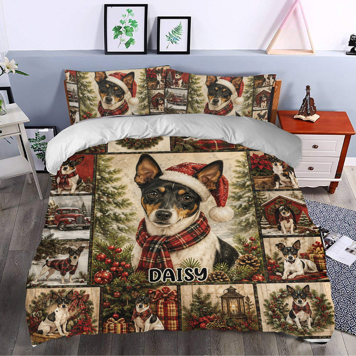 Rat Terrier Christmas duvet cover styled in a bedroom with plaid scarves, snowy scenes, and evergreen decorations