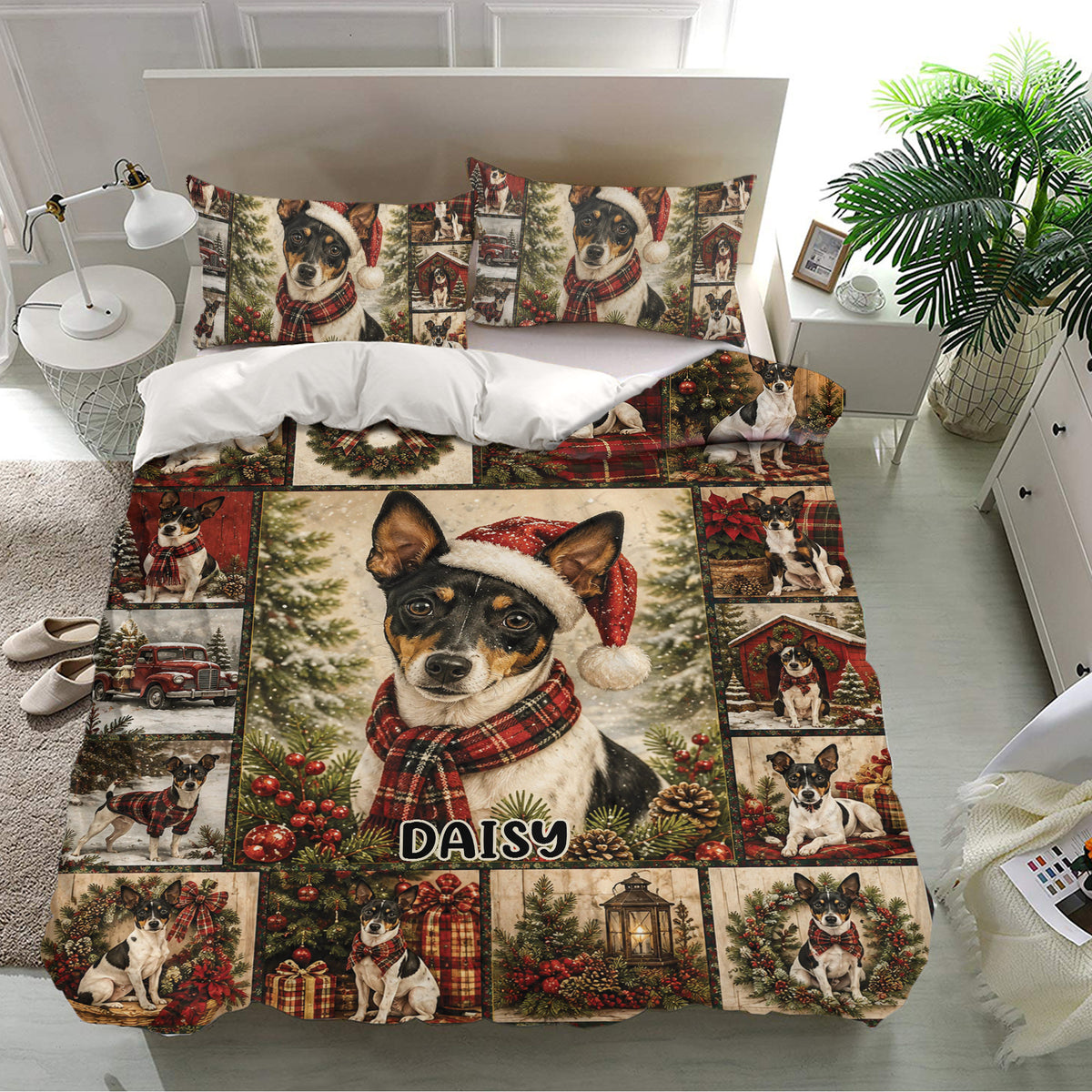 Festive Rat Terrier duvet cover bedding set presented in a bright bedroom with matching holiday pillowcases