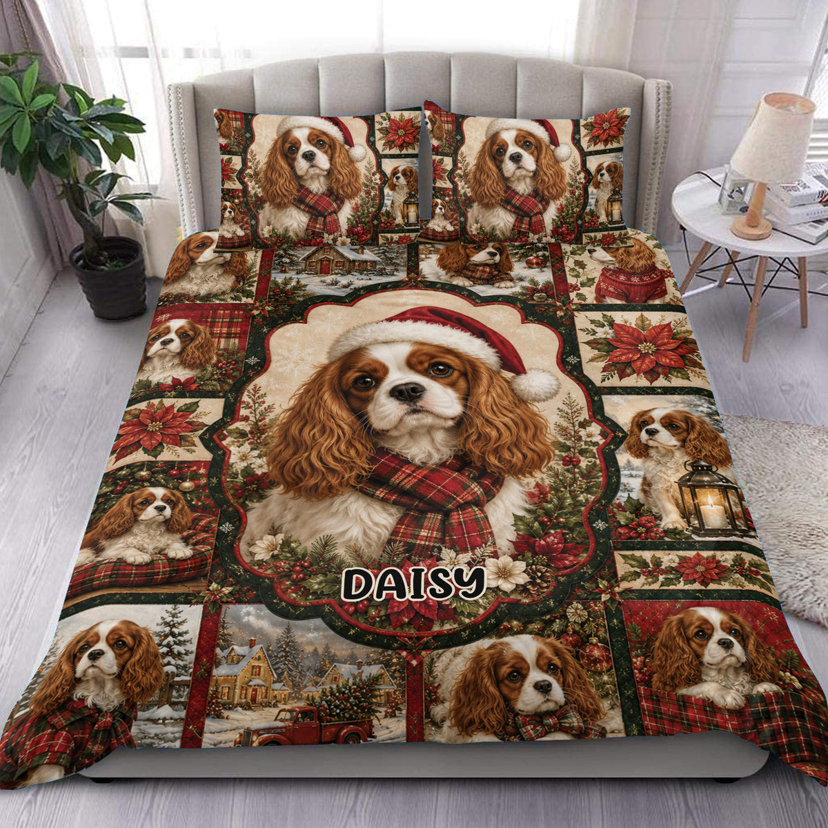 Cavalier King Charles duvet cover set with Christmas dogs, poinsettias, plaid and winter village scenes