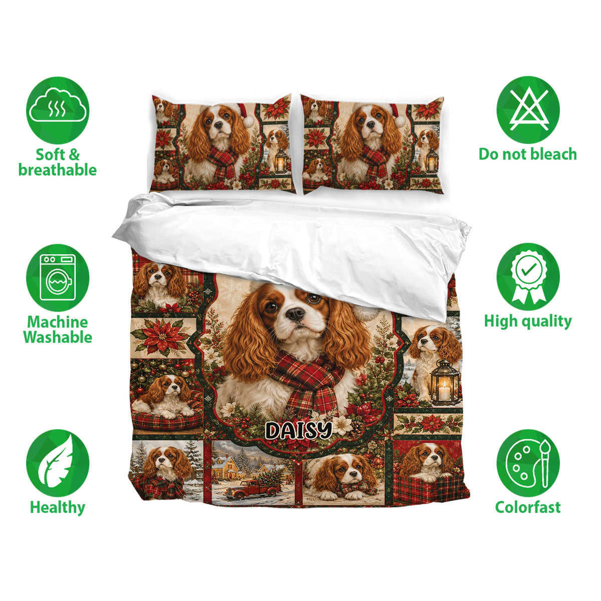 Cavalier King Charles Christmas duvet cover set shown with matching pillowcases and colorful festive artwork
