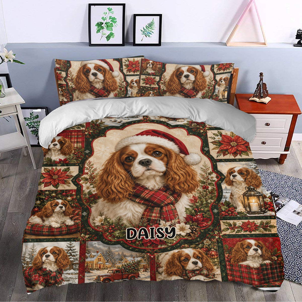 Cavalier King Charles Christmas duvet cover styled in a bedroom with dogs, poinsettias and plaid accents