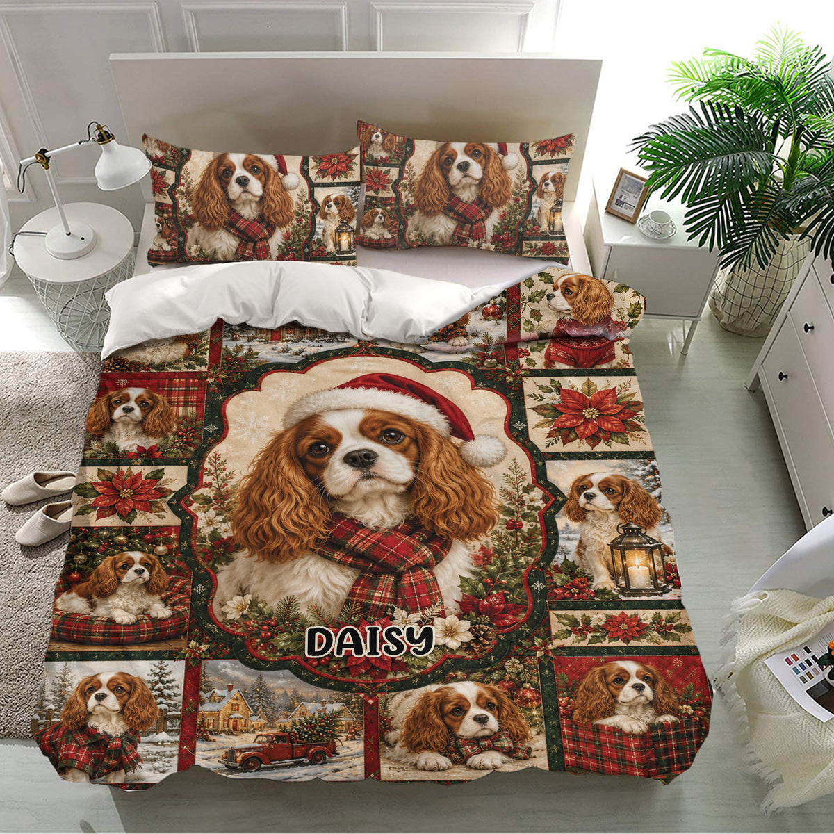 Festive Cavalier King Charles bedding set displayed in a bright bedroom with winter dog artwork