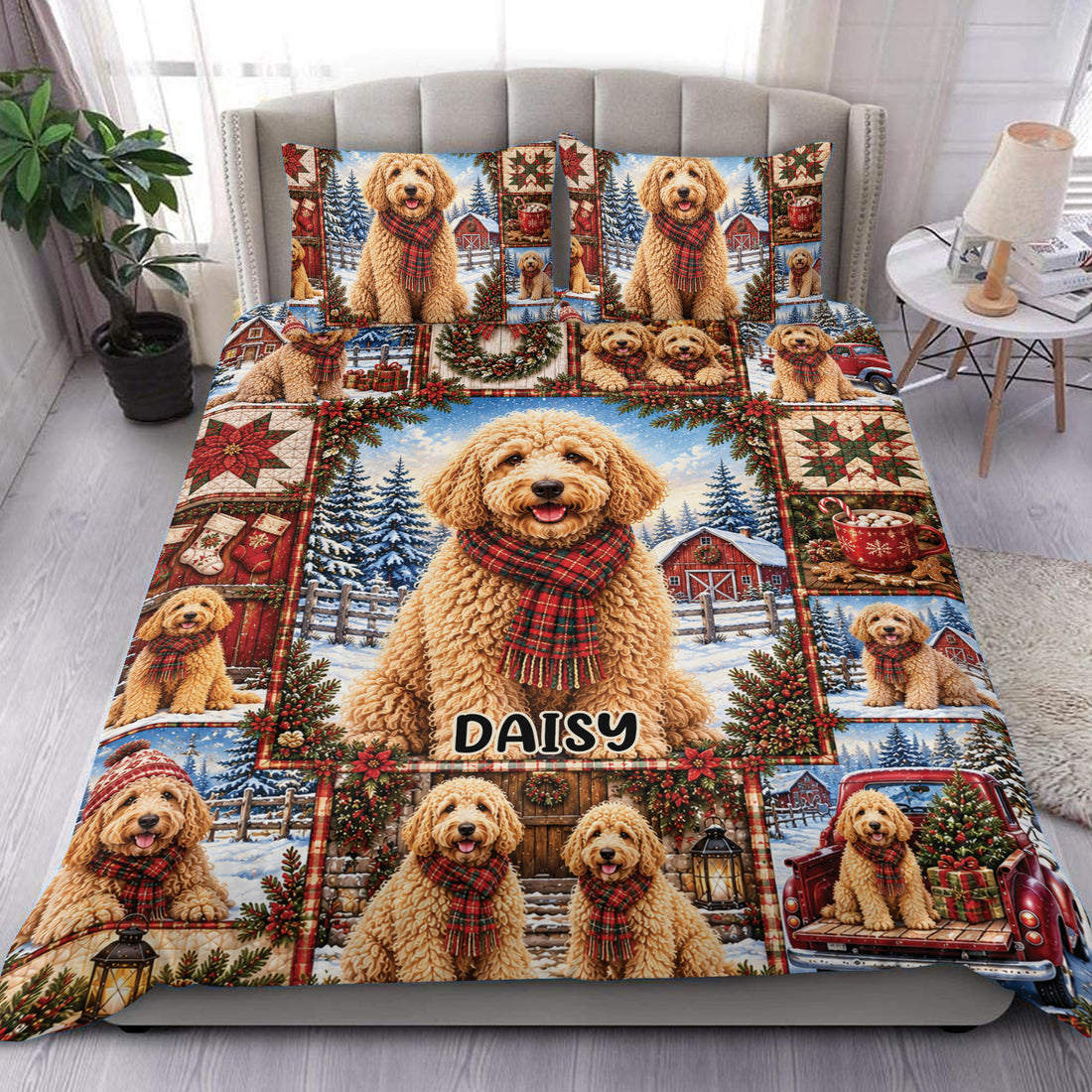 Goldendoodle duvet cover set displayed on a bed with festive winter scenes, scarves, poinsettias, and red accents