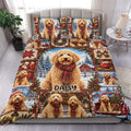 Goldendoodle duvet cover set displayed on a bed with festive winter scenes, scarves, poinsettias, and red accents