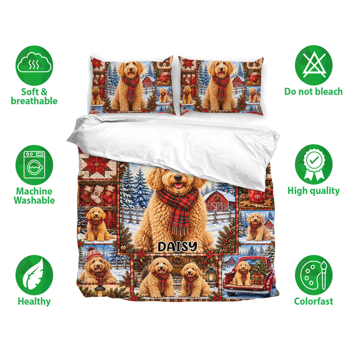 Goldendoodle bedding set shown with matching pillowcases and festive winter artwork in a product presentation