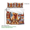 Goldendoodle duvet cover with matching pillowcases, colorful winter artwork, and a soft lightweight fabric detail